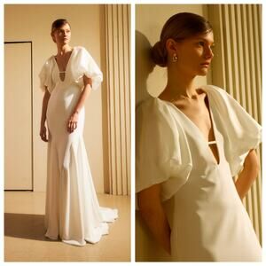 Besa Ali Alice Wedding Dress 6 Crepe Open Back Removable Puff Sleeve Bridal